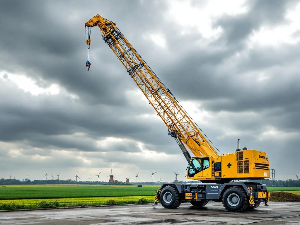 Gele mobiele kraan met uitgeschoven telescooparm in Nederlands landschap met groene velden en windmolens op achtergrond