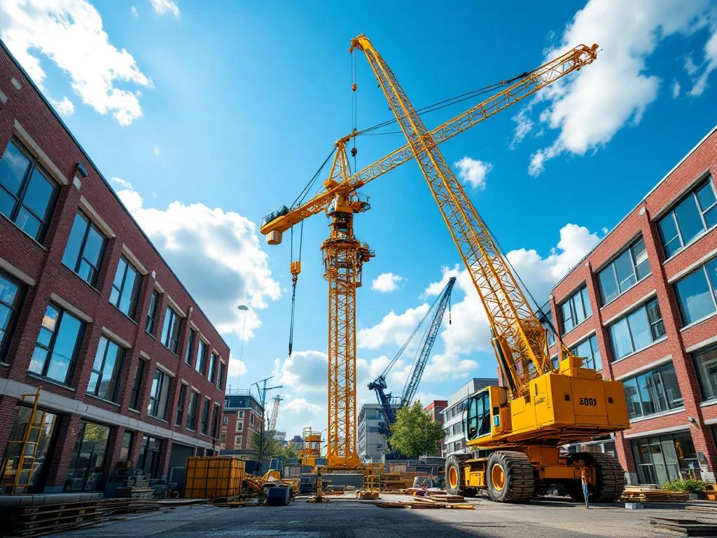 Gele mobiele kraan met uitgeschoven telescooparm op bouwplaats in Nederlandse stad met rode bakstenen gebouwen