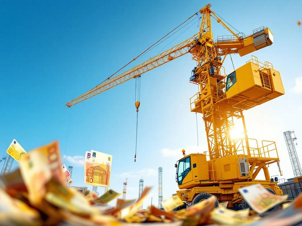 Gele mobiele kraan op bouwplaats met euro bankbiljetten op voorgrond, blauwe lucht en bouwmaterialen op achtergrond