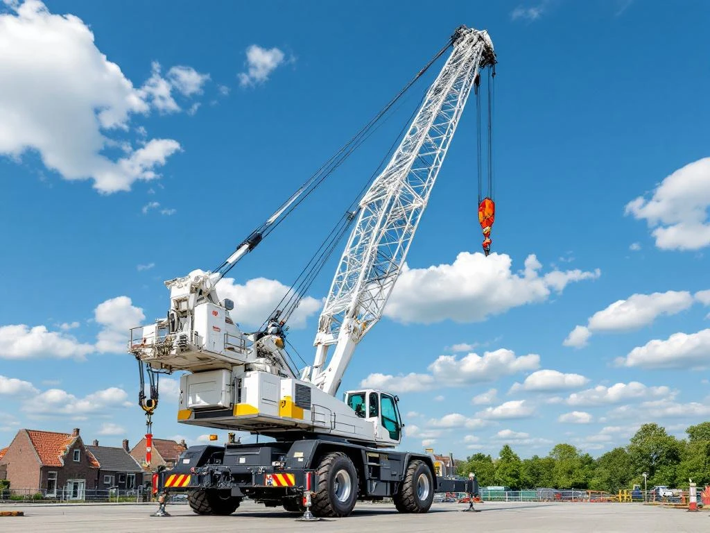 Witte mobiele kraan met uitgeschoven telescoopgiek op Nederlandse bouwplaats tegen blauwe hemel