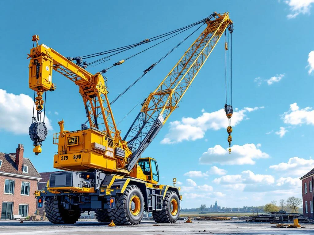 Gele mobiele kraan met uitgeschoven telescoopgiek op Nederlandse bouwplaats tegen blauwe hemel