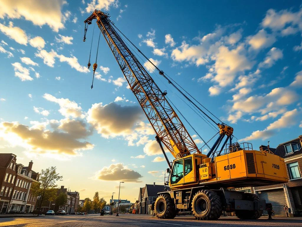 Mobiele kraan met uitgeschoven telescoopgiek tegen blauwe hemel in Nederlandse stad met bakstenen gebouwen