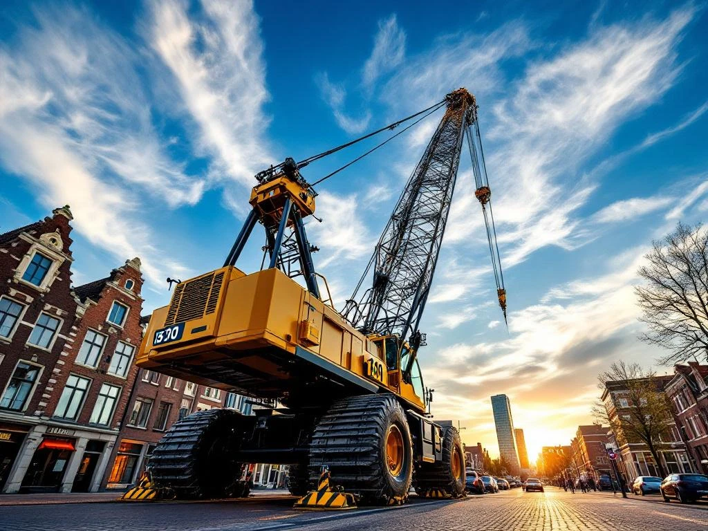 130-ton mobiele kraan met gele telescoopgiek tegen blauwe hemel op Nederlandse kasseienstraat met bakstenen gebouwen