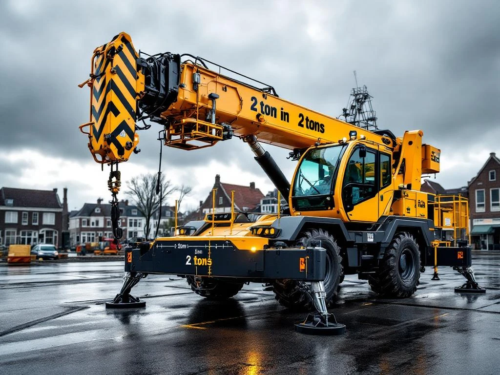 Gele 2-ton mobiele kraan met uitgeschoven stempelpoten op Nederlandse bouwplaats met meetmarkeringen