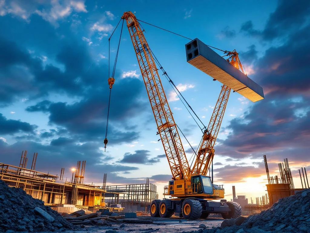 Mobiele kraan heft betonbalk op bouwplaats met uitgeschoven giek tegen blauwe hemel, gele hijskraan in actie