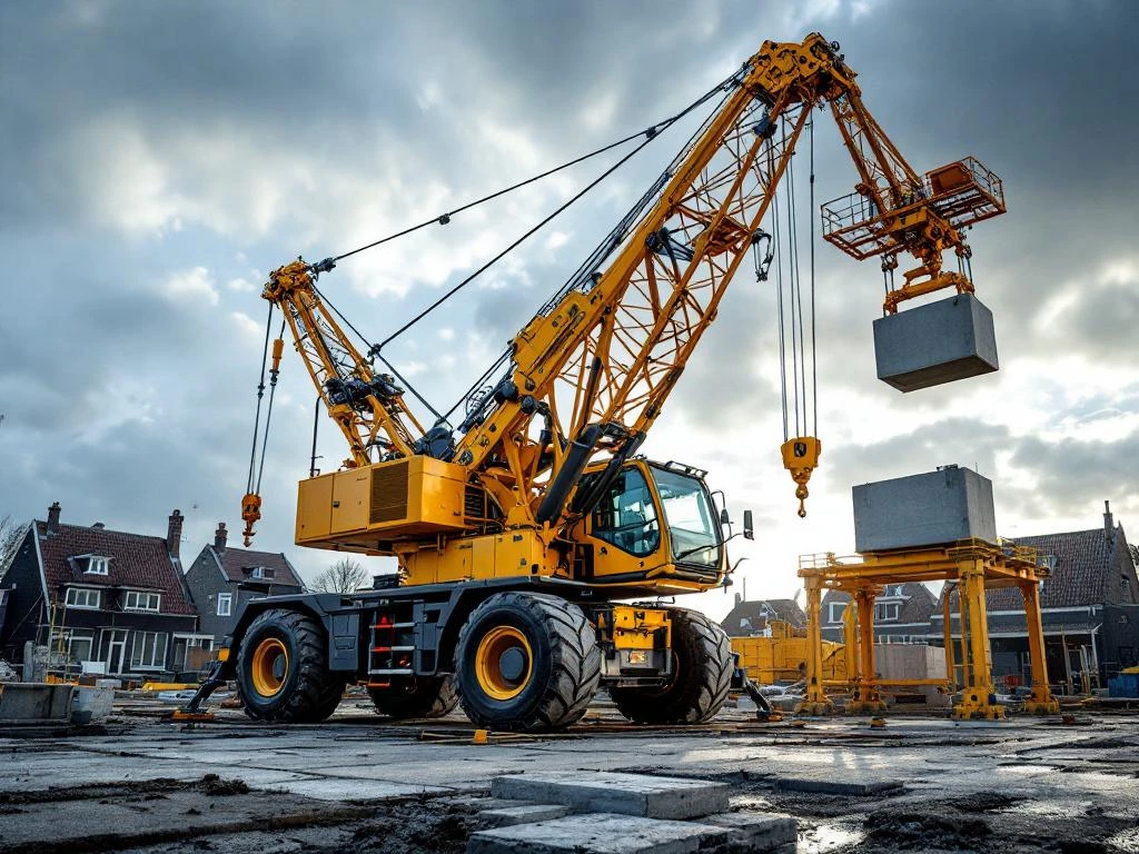 Gele mobiele kraan hijst betonblokken op Nederlandse bouwplaats met uitgeschoven giek en steunpoten