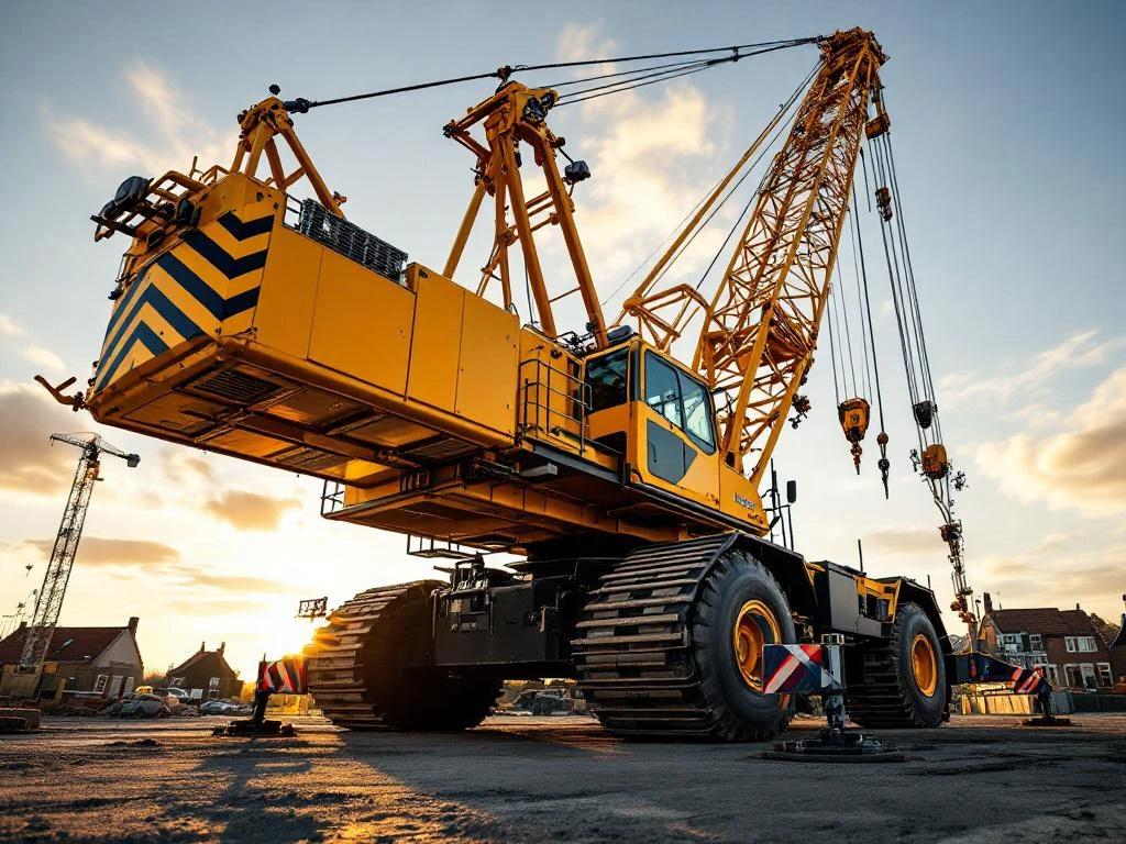 Gele mobiele kraan op Nederlandse bouwplaats tijdens gouden uur, met uitgeschoven telescooparm tegen vlak landschap