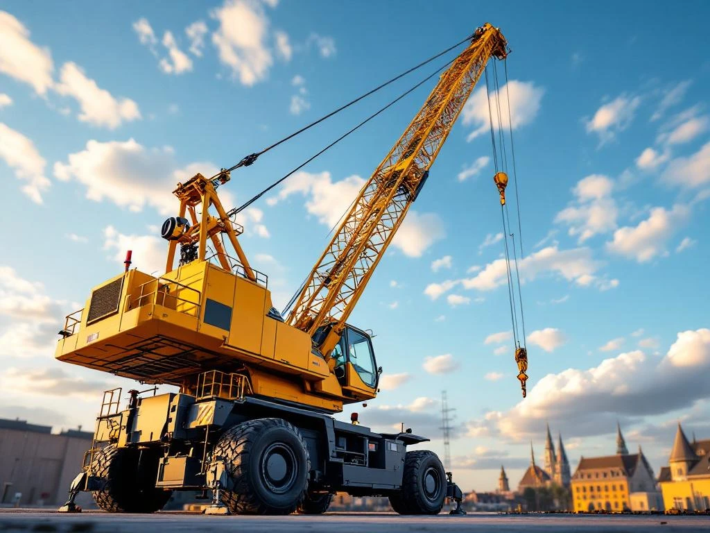 Gele mobiele kraan op Nederlandse bouwplaats met uitgeschoven giek tegen blauwe hemel tijdens gouden uur