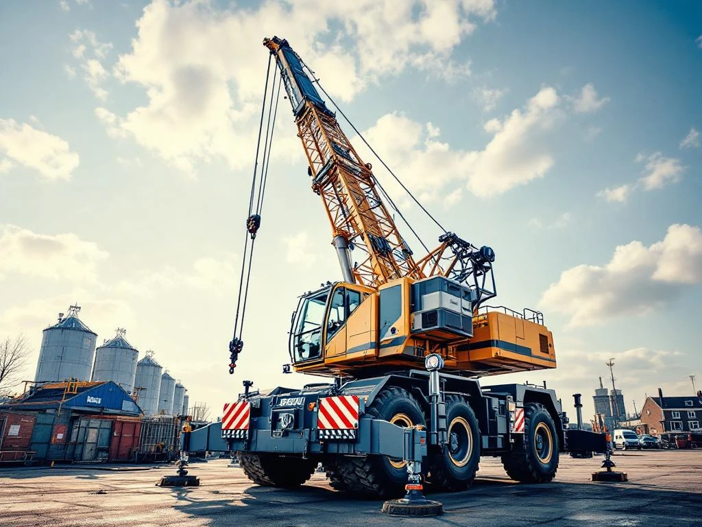 Mobiele kraan met uitgeschoven telescooparm op Nederlandse bouwplaats, outriggers uitgeklapt op betonvloer