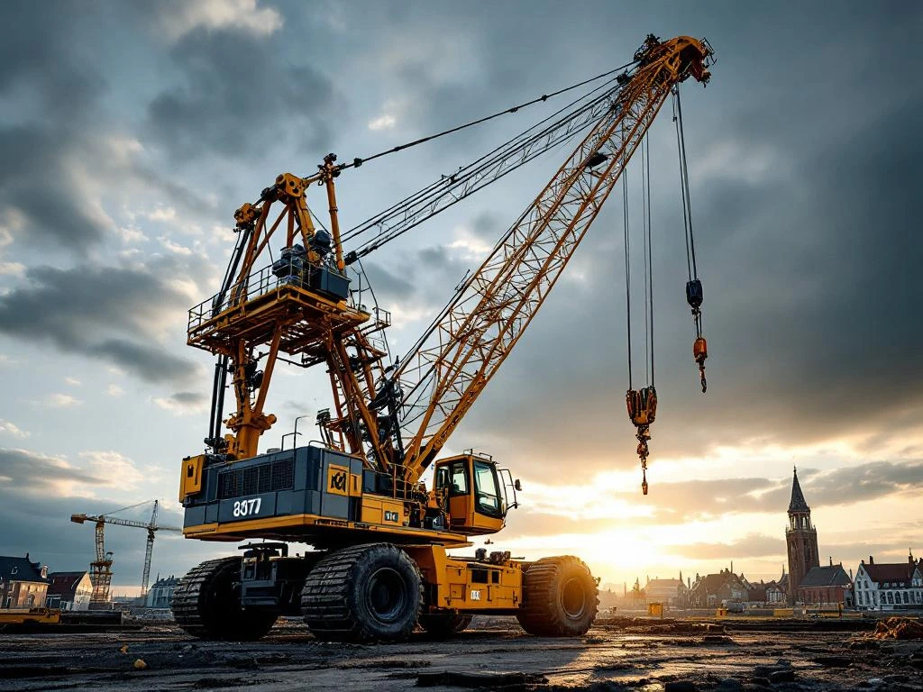 Gele mobiele hijskraan tilt zware bouwmaterialen op Nederlandse bouwplaats met traditionele architectuur