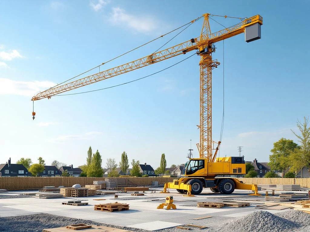 Gele telescoopkraan met uitgeschoven giek op Nederlandse bouwplaats, stabilisatoren uitgeklapt, woonhuizen op achtergrond