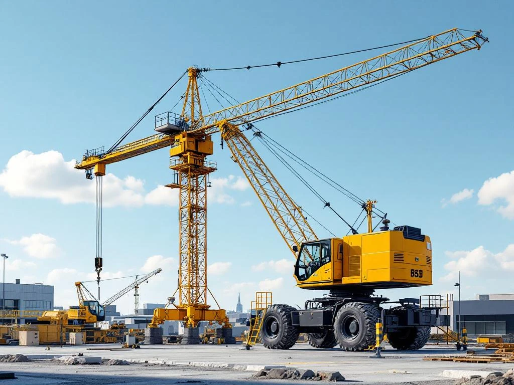 Mobiele kraan met uitgeschoven telescoopgiek op Nederlandse bouwplaats tegen blauwe hemel