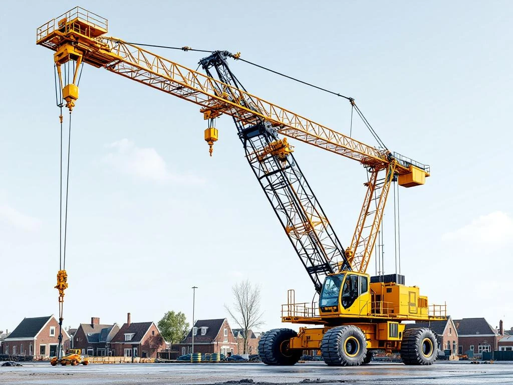 Gele mobiele kraan met uitgeschoven telescoopgiek op Nederlandse bouwplaats tegen heldere hemel