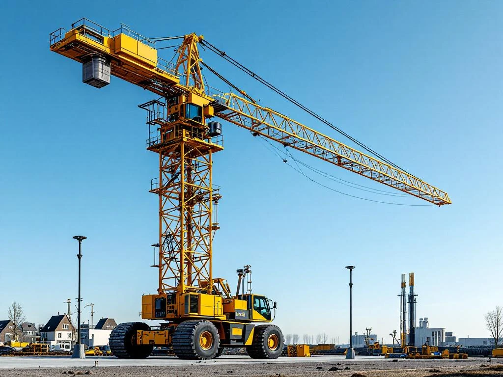 Gele mobiele kraan met uitgeschoven telescooparm op Nederlandse bouwplaats tegen blauwe hemel