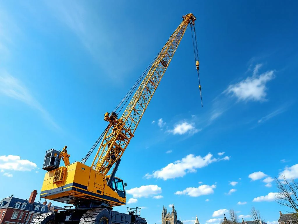 Gele mobiele kraan met uitgeschoven telescooparm op Nederlandse bouwplaats tegen blauwe hemel