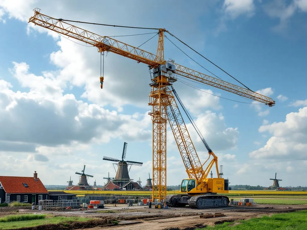 Gele telescoopkraan op Nederlandse bouwplaats met windmolens, bakstenen huizen en groene velden op achtergrond