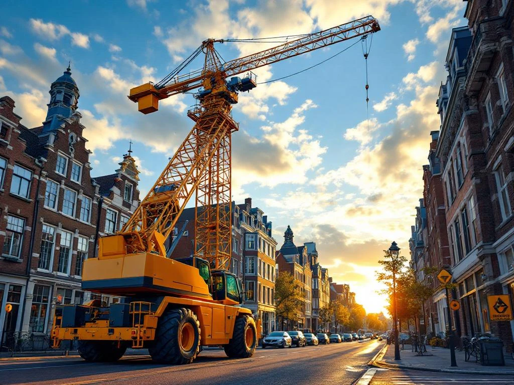 Gele telescoopkraan op Nederlandse bouwplaats tussen traditionele bakstenen gebouwen en moderne architectuur