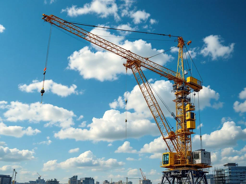 Gele mobiele kraan met uitgeschoven telescooparm tegen blauwe hemel in Nederlandse stad