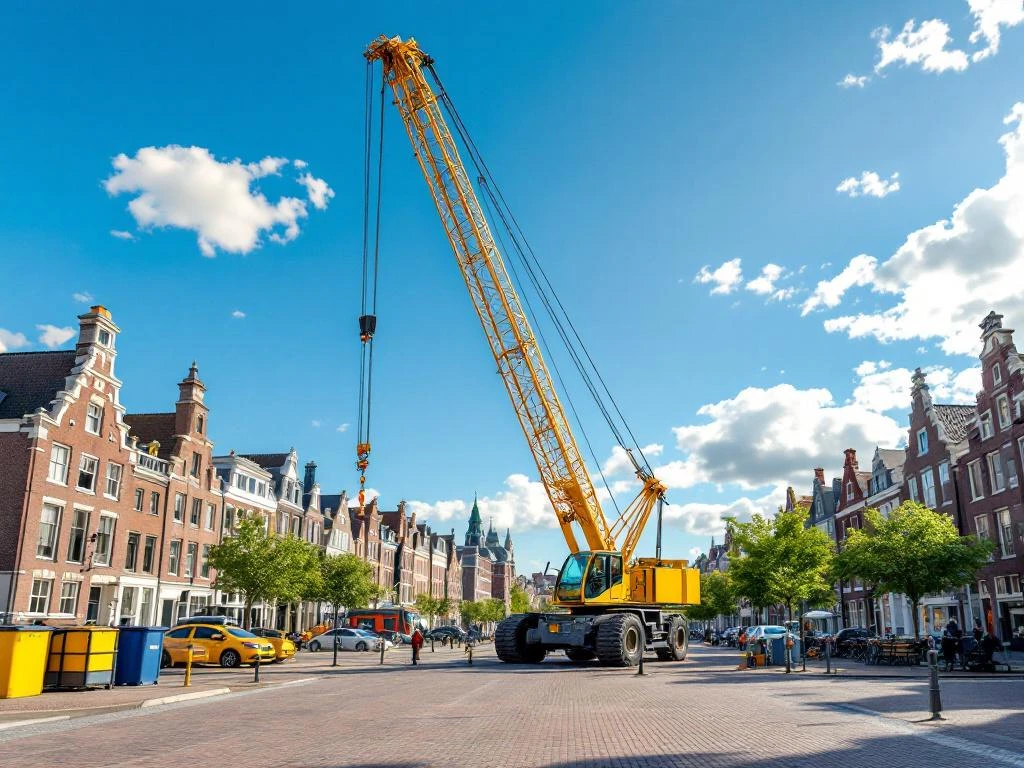 Gele mobiele kraan met uitgeschoven giek in Nederlandse stad met bakstenen gebouwen onder blauwe hemel