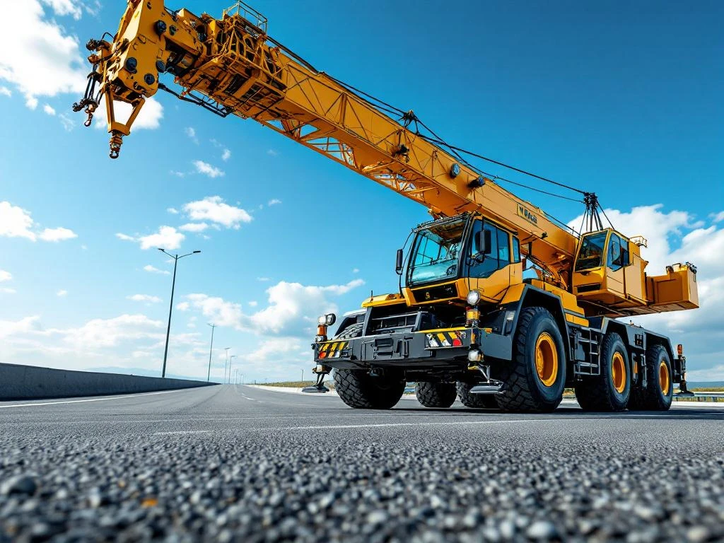 Gele mobiele kraan rijdt over asfaltweg, gefotografeerd vanuit lage hoek tegen blauwe hemel met wolken