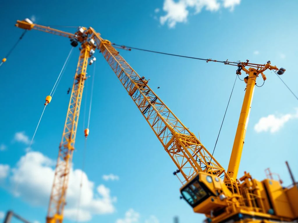 Gele telescopische kraan met hydraulische arm tegen blauwe hemel op bouwplaats, gefotografeerd vanuit lage hoek