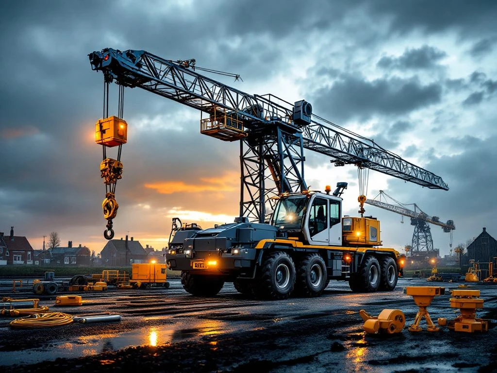 Mobiele telescoopkraan met hijsapparatuur en veiligheidsuitrusting in Nederlandse industriële omgeving