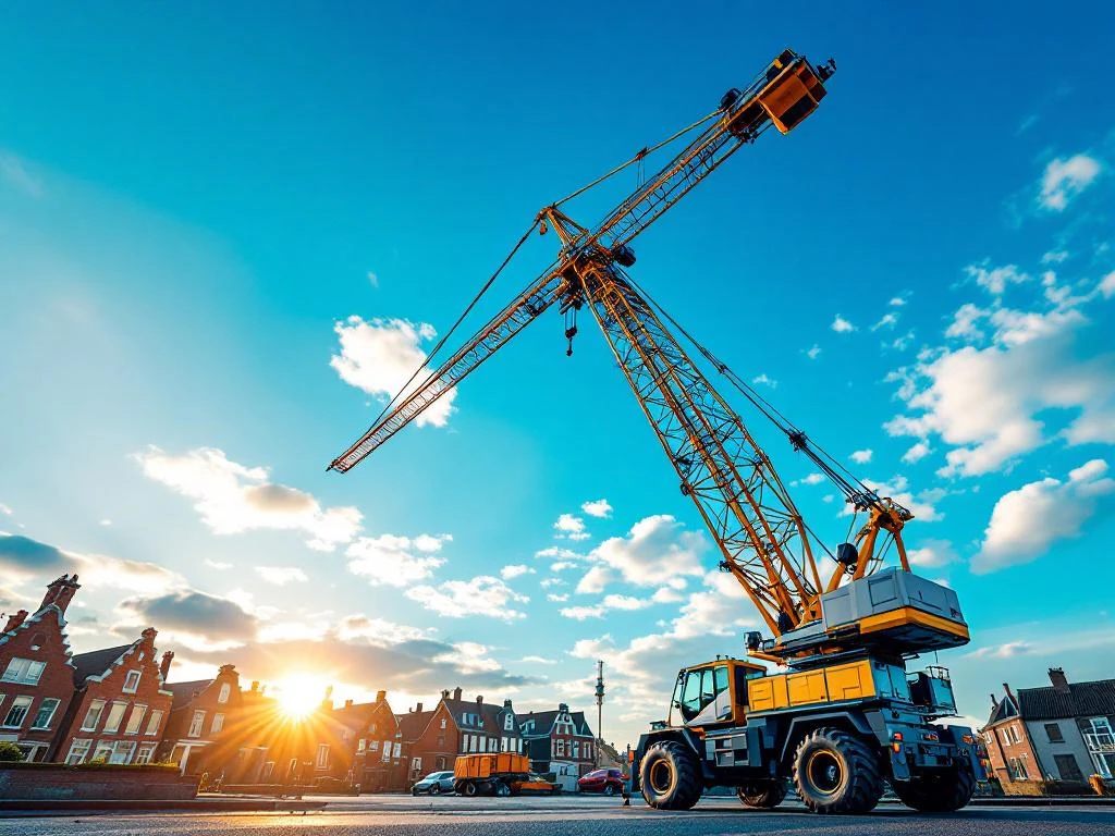 Professionele mobiele kraan met uitgeschoven giek tegen blauwe lucht in Nederlandse stad met bakstenen gebouwen