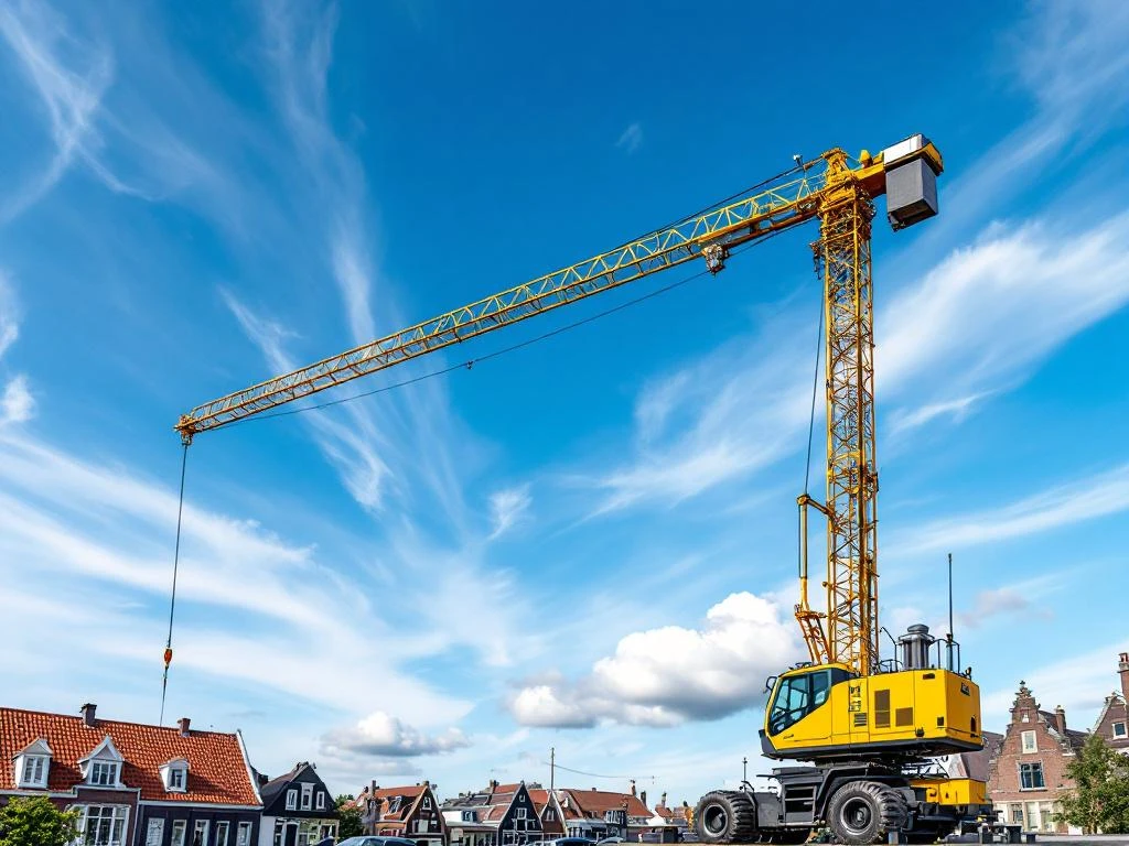 Gele mobiele kraan met uitgeschoven giek in Nederlandse stad met rode daken en bakstenen gebouwen onder blauwe hemel