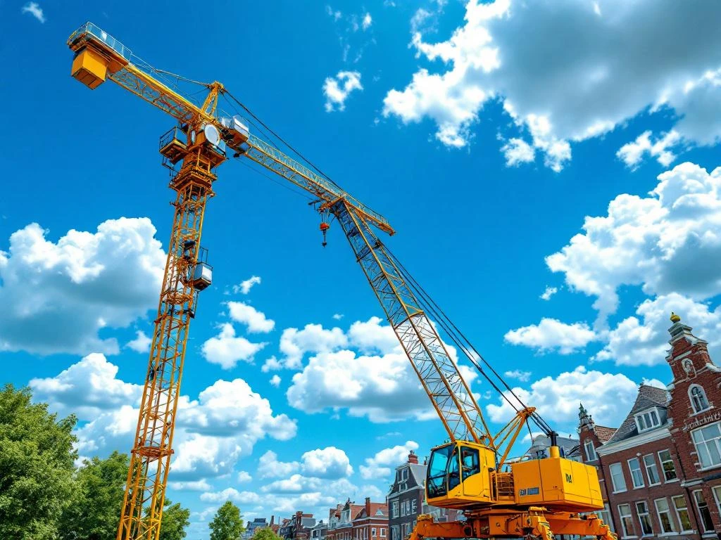 Gele mobiele kraan met uitgeschoven giek tegen blauwe lucht in moderne Nederlandse stad met bakstenen gebouwen