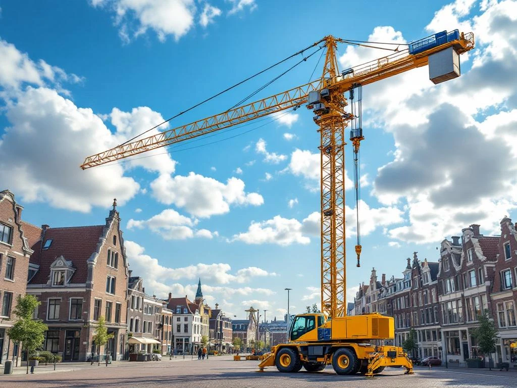 Gele mobiele kraan in Nederlandse stad met moderne architectuur en traditionele gebouwen onder blauwe hemel