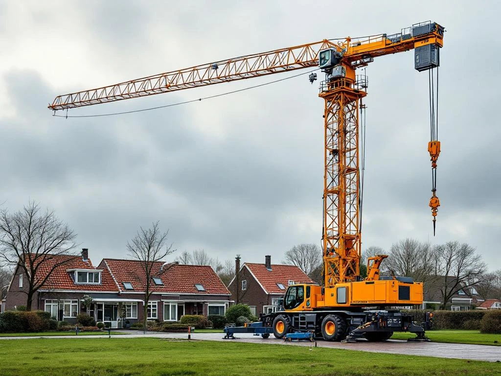 Gele mobiele kraan in Nederlandse woonwijk met rode dakpannen en bakstenen huizen onder bewolkte hemel