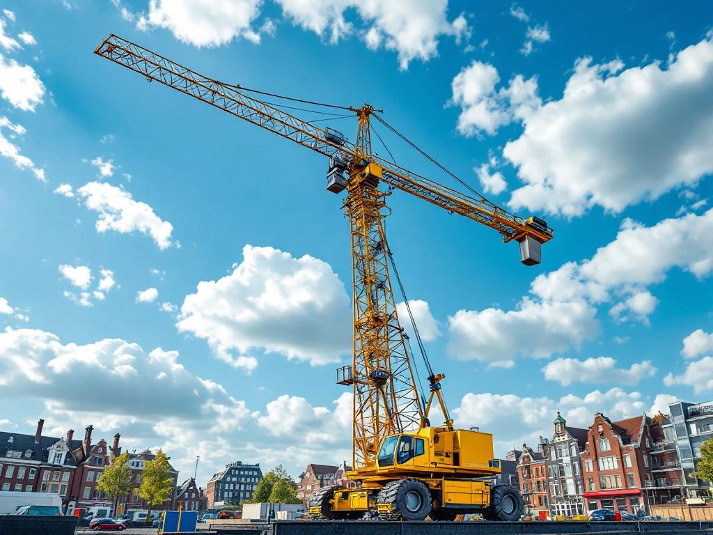 Gele mobiele kraan met telescopische giek tegen blauwe lucht in Nederlandse stad met rode bakstenen gebouwen