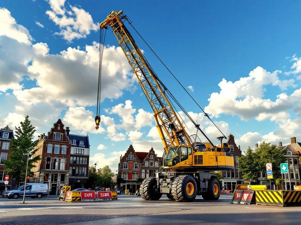 Gele telescoopkraan in Nederlandse stad met moderne bakstenen gebouwen onder blauwe hemel met witte wolken