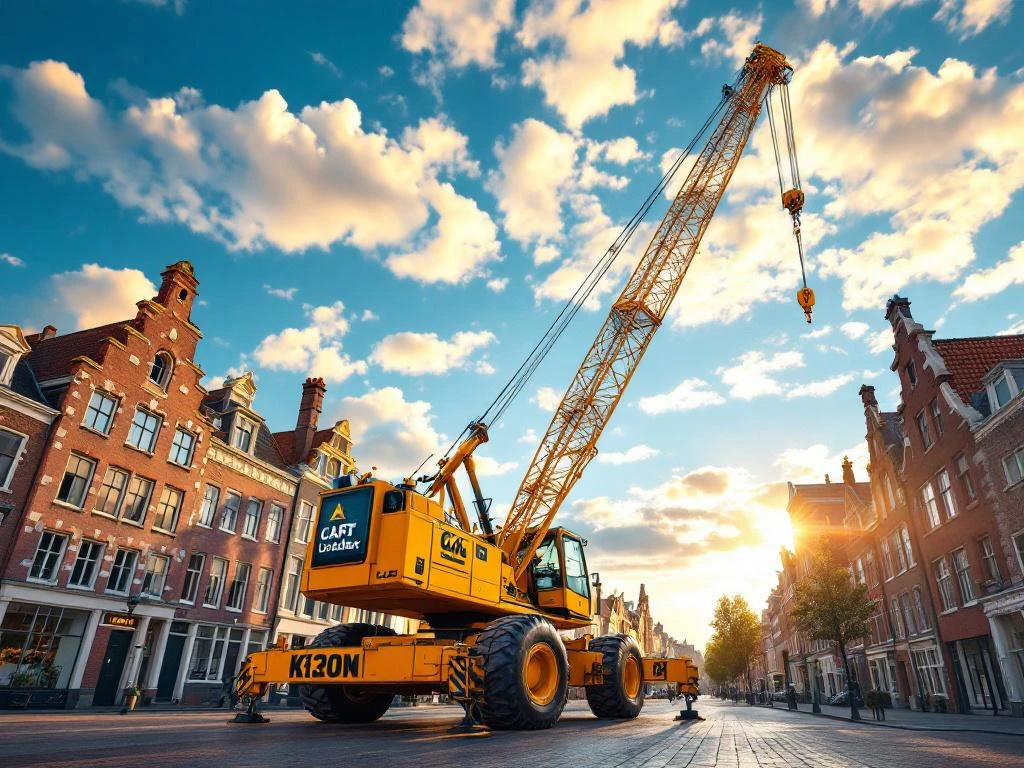 Gele mobiele kraan met uitgeschoven giek in Nederlandse straat met rode bakstenen gebouwen onder blauwe hemel