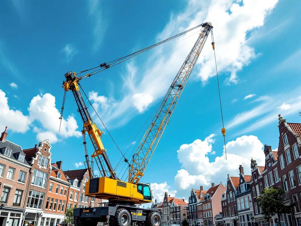 Gele mobiele kraan met uitgeschoven giek in Nederlandse stad met rode bakstenen gebouwen onder blauwe hemel