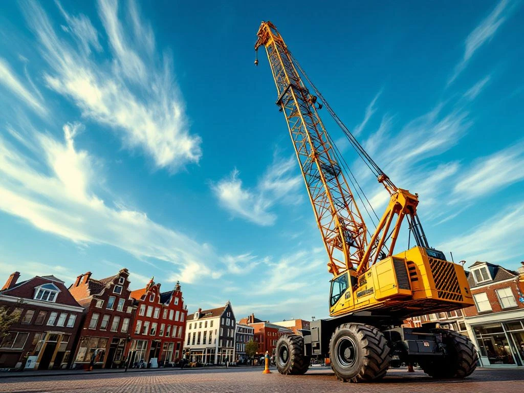 Gele mobiele telescoopkraan op kinderkopjes in Nederlandse stad met rode bakstenen gebouwen tegen blauwe lucht