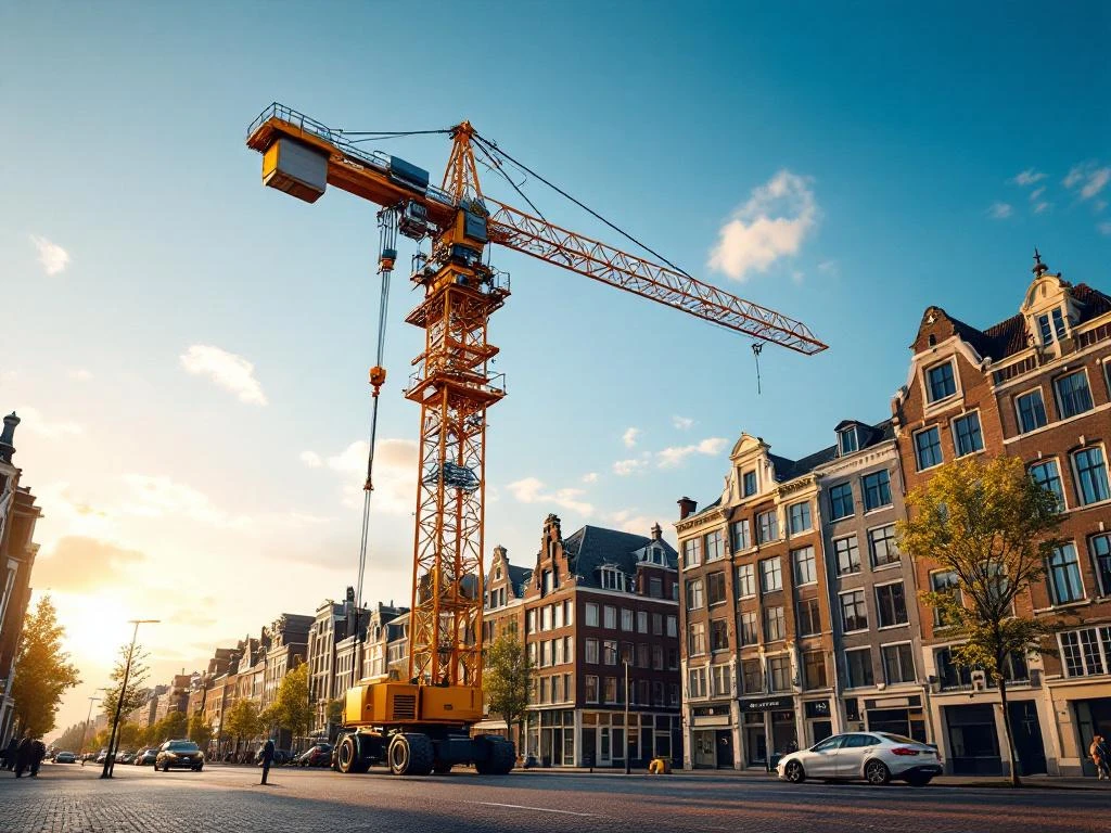 Gele telescoopkraan in Nederlandse stad met bakstenen gebouwen onder blauwe hemel tijdens gouden uur