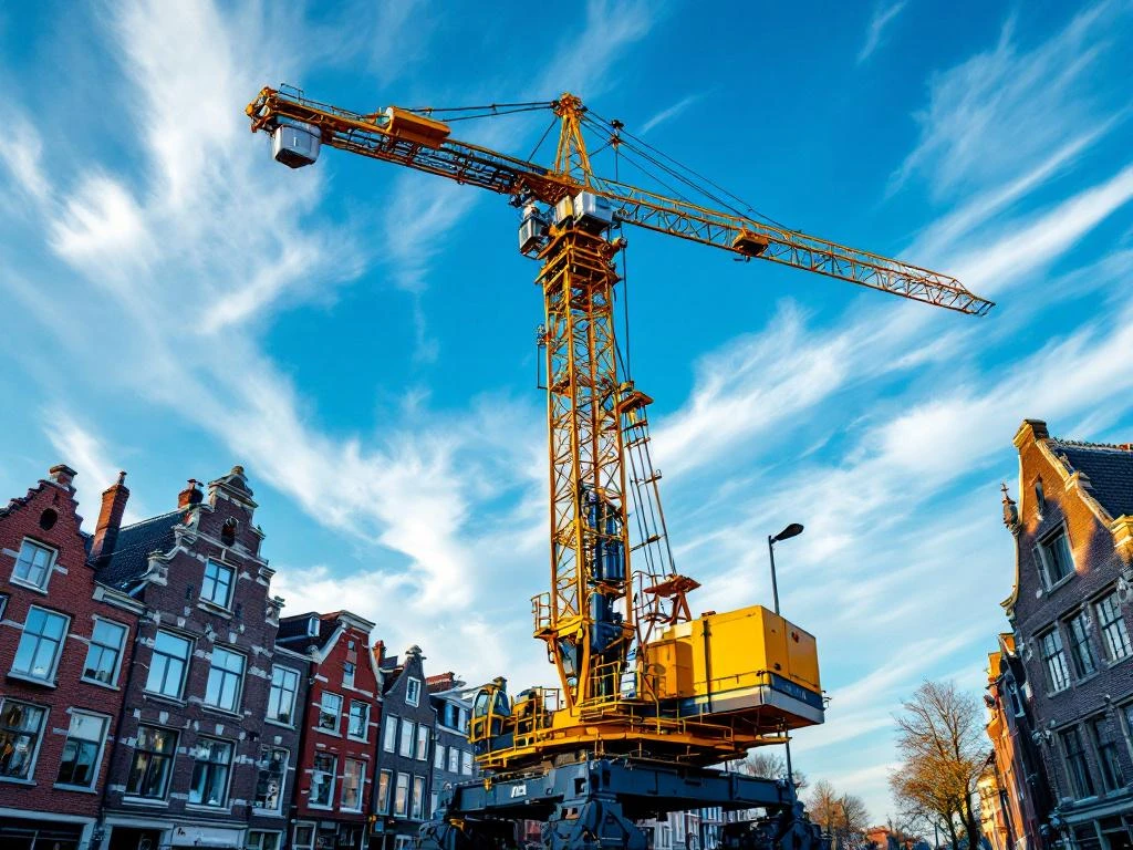 Gele mobiele kraan in Nederlandse stad met rode bakstenen gebouwen onder blauwe hemel met witte wolken
