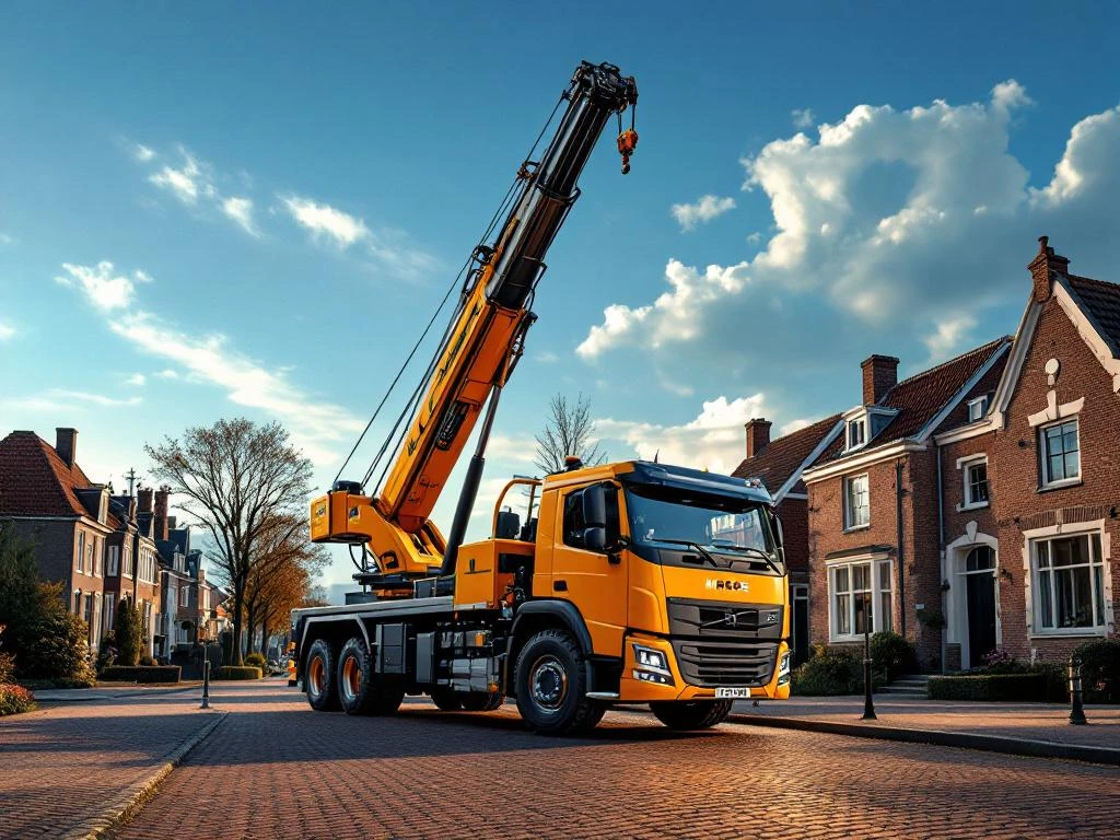 Mobiele kraan met uitgeschoven telescooparm op Nederlandse straat met klinkers en bakstenen huizen