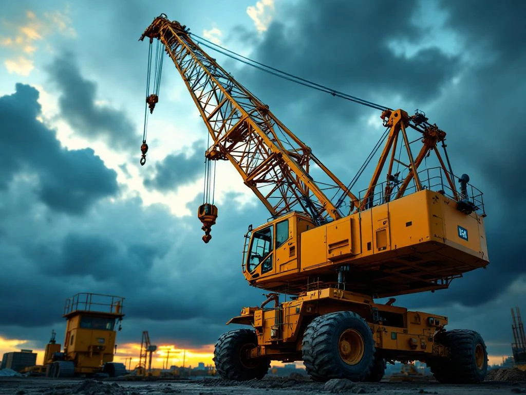 Gele mobiele kraan met uitgeschoven telescoopgiek tegen dramatische hemel op bouwplaats tijdens gouden uur