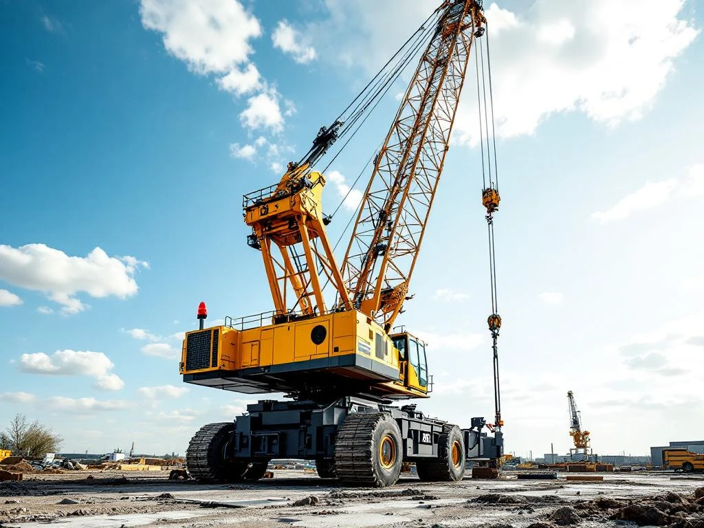 Gele mobiele kraan met uitgeschoven telescoopgiek op Nederlandse bouwplaats tegen heldere hemel