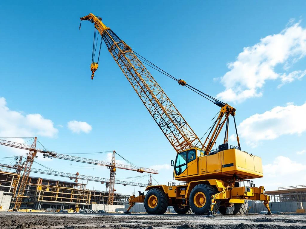 Gele mobiele kraan met volledig uitgeschoven telescooparm op bouwplaats tegen blauwe hemel, stabilisatoren uitgeklapt