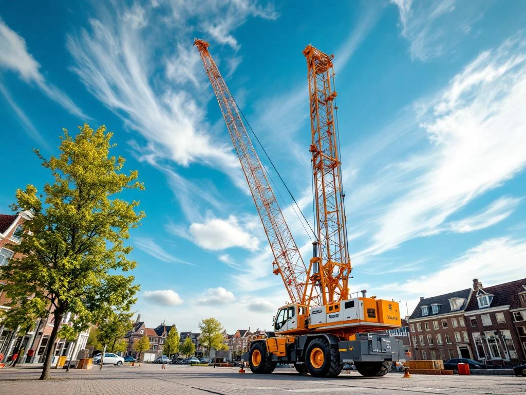 Mobiele hijskraan met telescopische giek tegen blauwe hemel op Nederlandse bouwplaats met traditionele architectuur