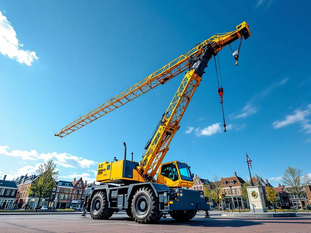 Gele mobiele kraan met uitgeschoven telescooparm tegen blauwe hemel in Nederlandse stad met rode bakstenen gebouwen