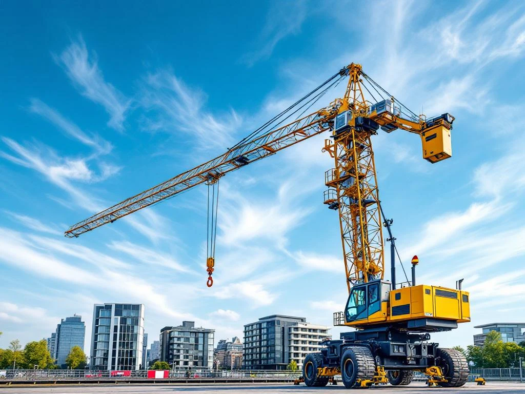 Gele mobiele kraan met uitgeschoven telescooparm tegen blauwe hemel in Nederlandse stedelijke omgeving