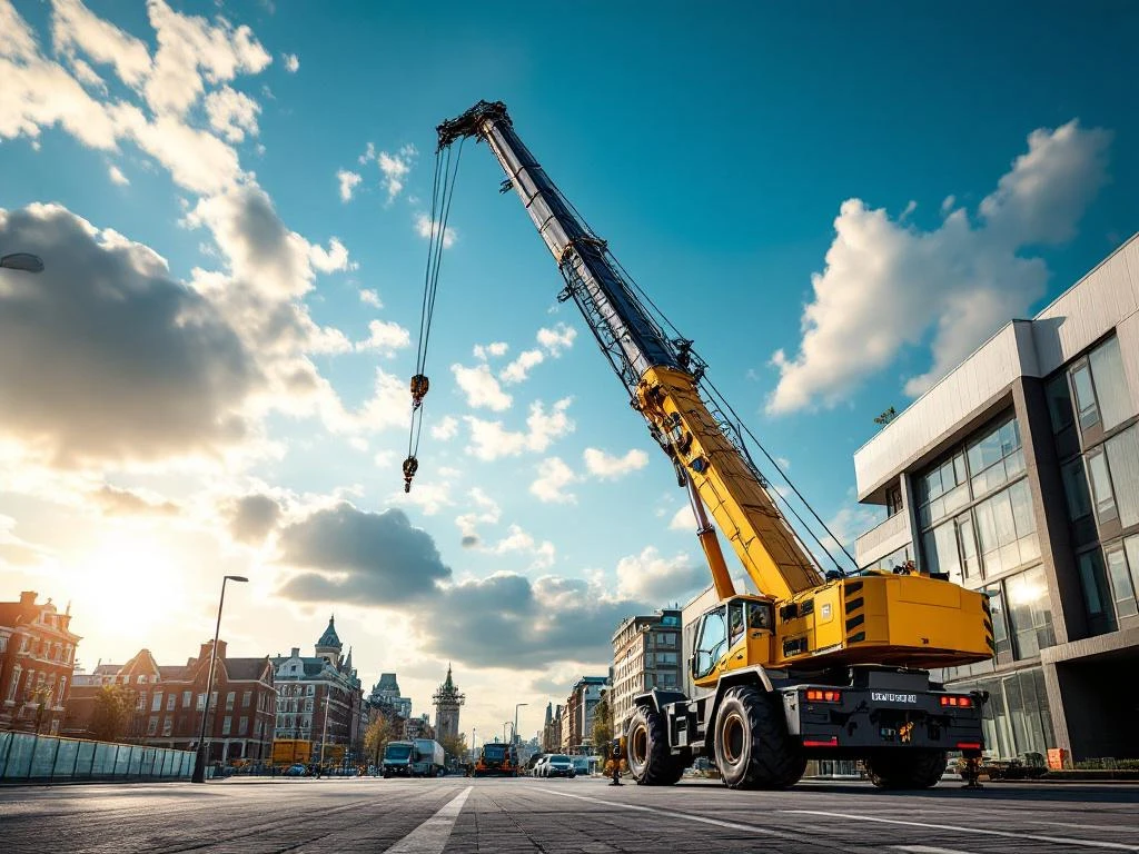 Gele mobiele telescoopkraan van 100 ton in Nederlandse stad onder blauwe hemel, professionele kraanverhuur