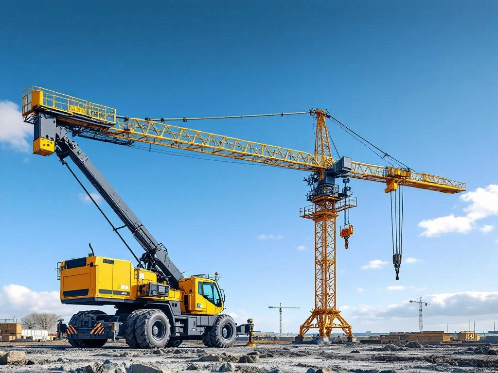 Gele mobiele telescoopkraan met uitgeschoven giek op Nederlandse bouwplaats tegen blauwe hemel