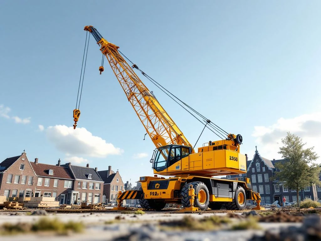 Gele telescoopkraan met uitgeschoven stempelpoten op Nederlandse bouwplaats met bakstenen gebouwen op achtergrond