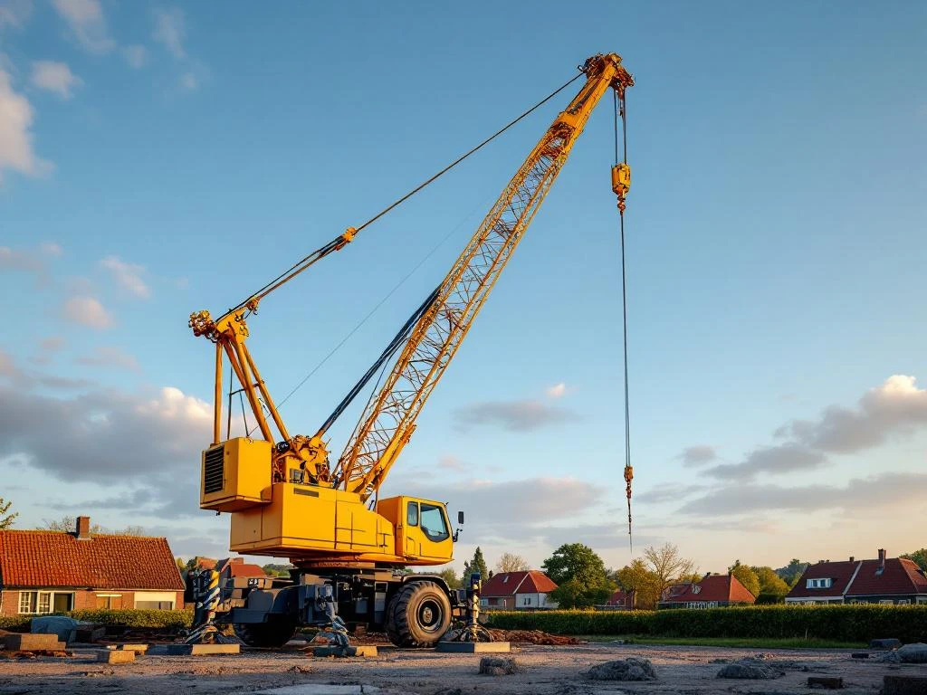 Gele telescoopkraan op Nederlandse bouwplaats met rode pannendaken en groene landschap op achtergrond