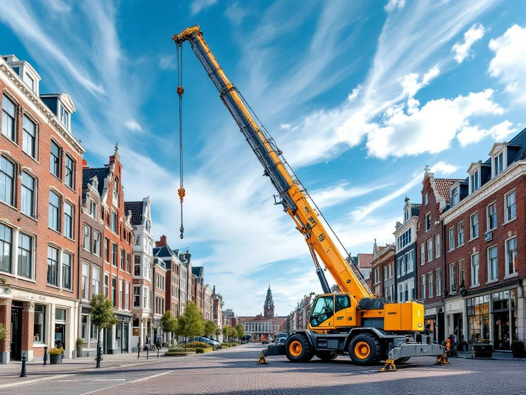Gele telescoopkraan met uitgeschoven giek in Nederlandse stad met rode bakstenen gebouwen onder blauwe hemel
